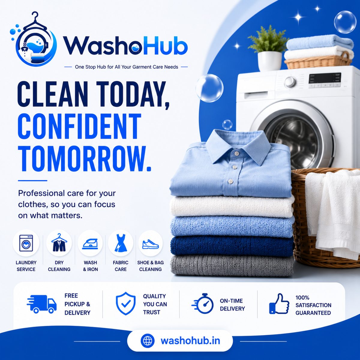 Folded laundry and towels stacked beside a washing machine