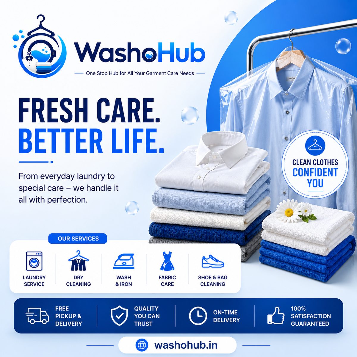 Pressed white shirt on a hanger next to neatly folded towels