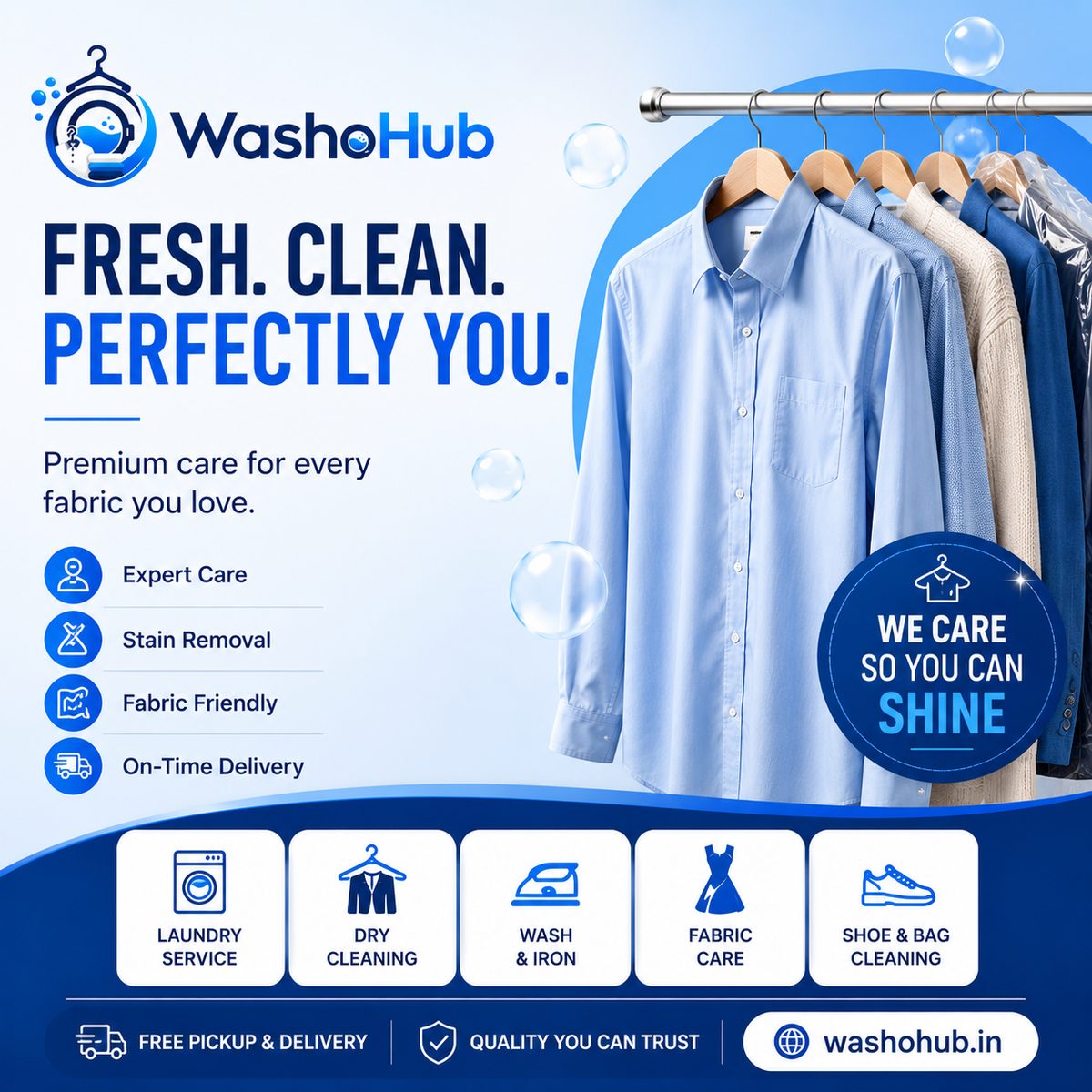 Freshly pressed shirts and sweaters on hangers, WashoHub garment care
