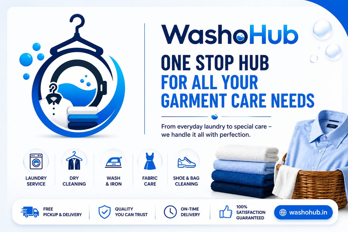 WashoHub logo beside folded towels and a pressed shirt in a laundry basket