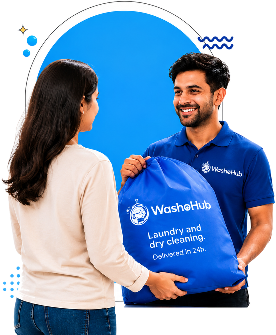 WashoHub delivery executive collecting a bag of laundry